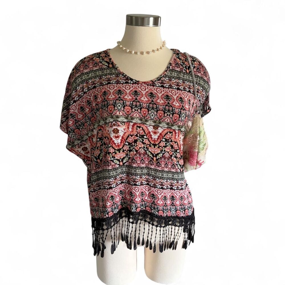 Wilde Boho Paisley Print Fringe Tassel Top Pink Black Green Small